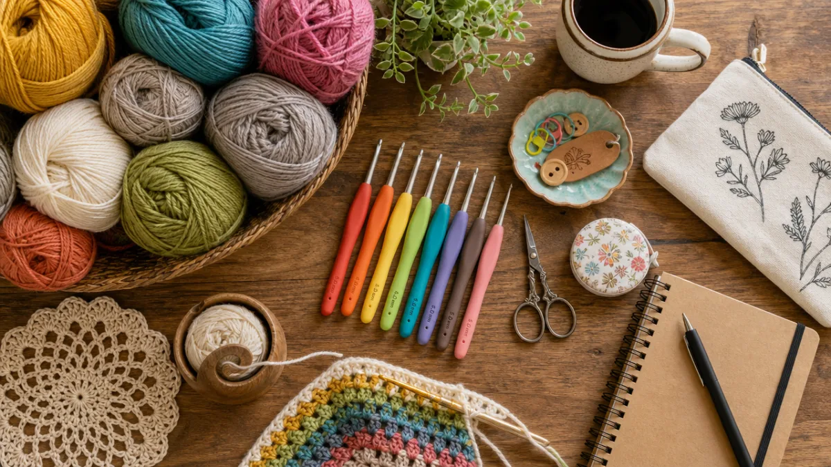 a flat lay of colorful yarn skeins, crochet hooks, and crafting tools…