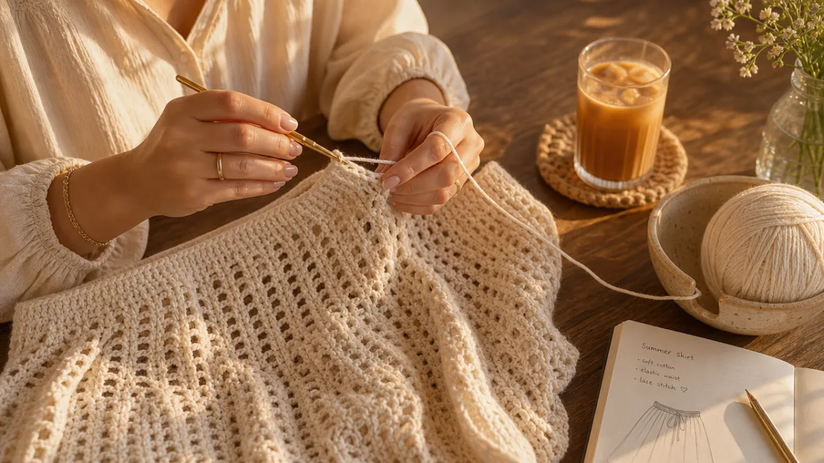 a woman's hands crocheting a light-colored skirt in progress on a cozy…