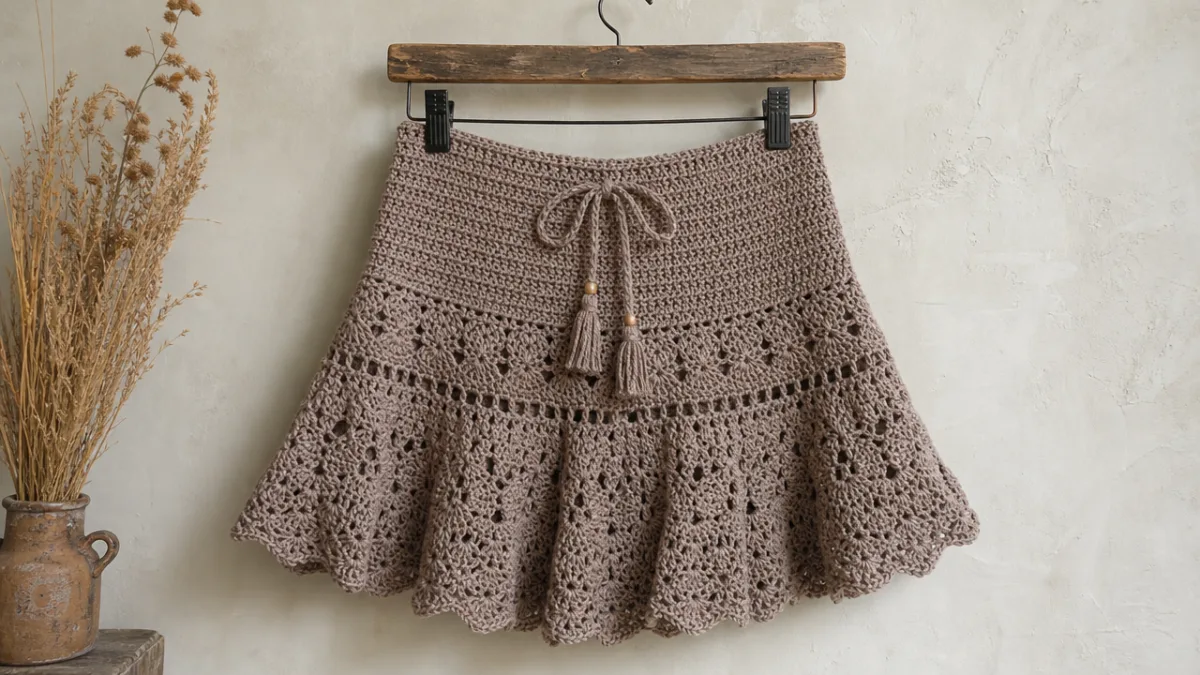 a finished handmade crochet skirt displayed on a rustic wooden hanger, soft…