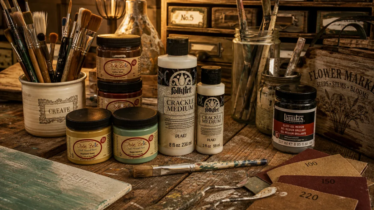 a rustic wooden table covered with paint jars, brushes, crackle medium bottles,…