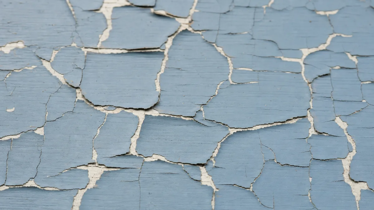 close-up of a freshly crackled painted wooden surface showing dramatic fissures revealing…