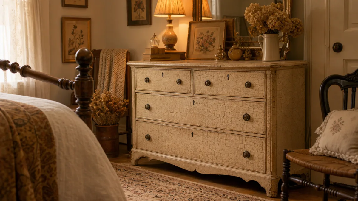 a beautifully finished crackled wooden dresser in a cozy vintage bedroom, warm…