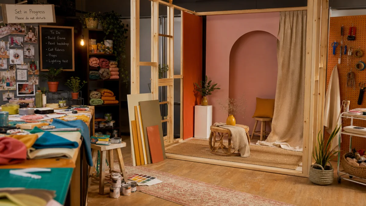 a handcrafted photography set under construction, warm workshop lighting with colorful props…