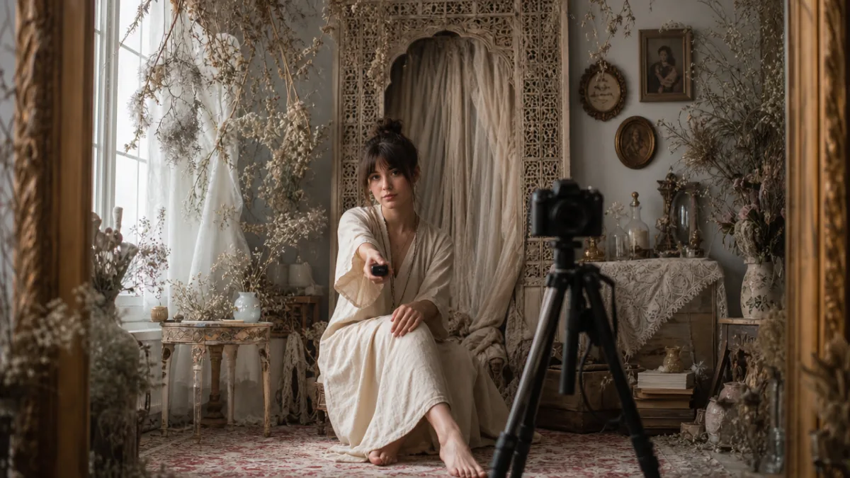 a self-portrait photographer triggering a camera remote in an ornate handmade set,…