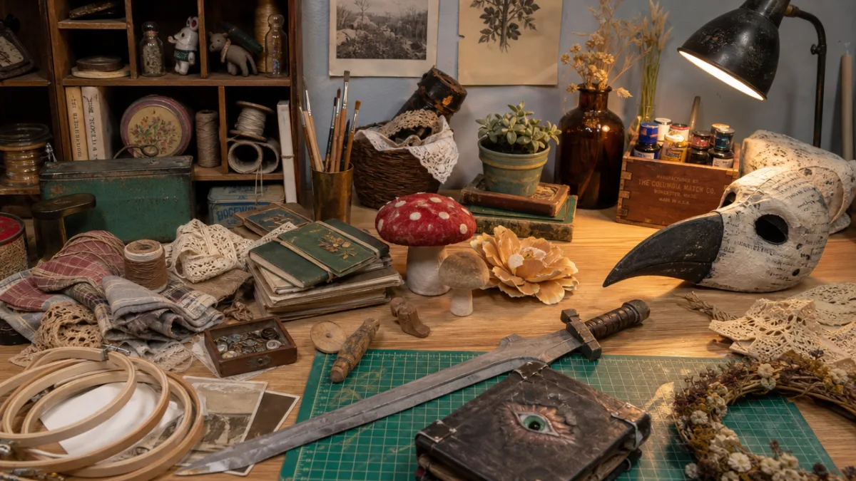 an array of thrifted craft materials and handmade props arranged on a…