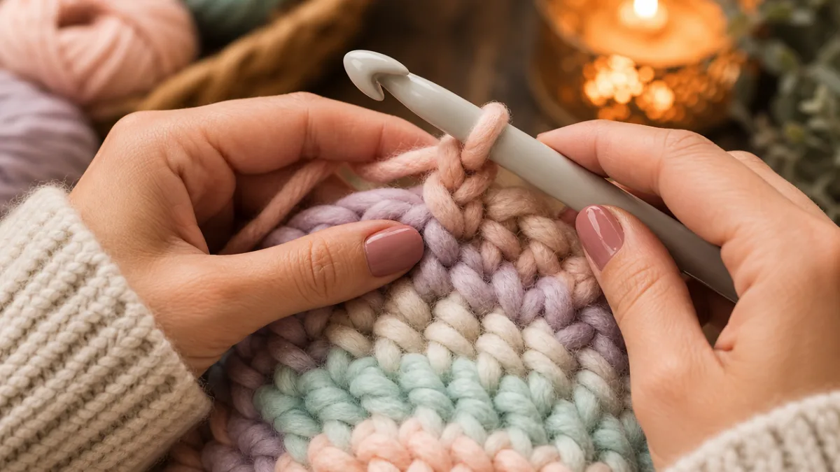 close-up of hands crocheting with chunky pastel yarn and large hook, warm…