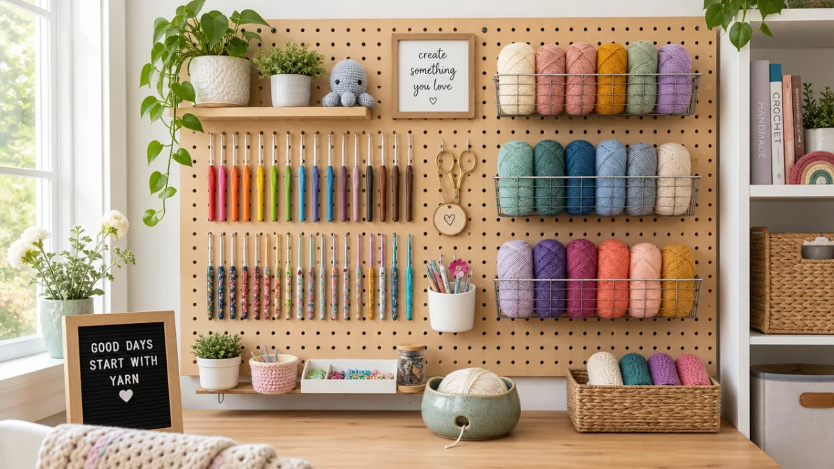 an organized craft room pegboard displaying multiple crochet hooks and yarn skeins,…