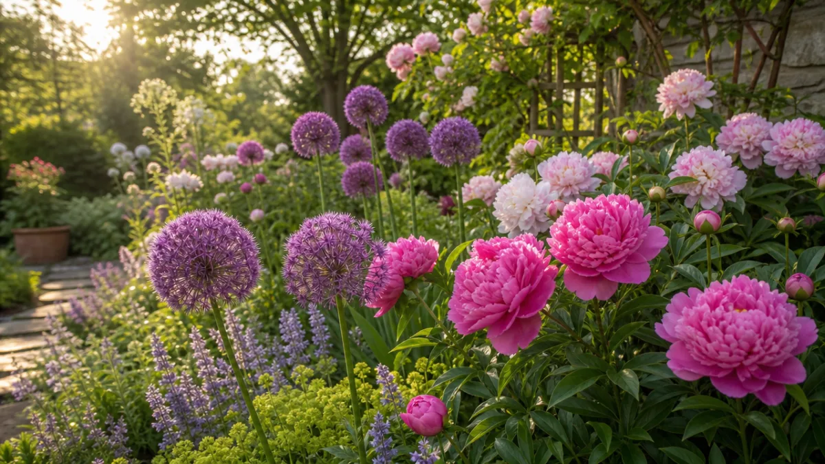 a lush spring garden bed with peonies and purple alliums in full…