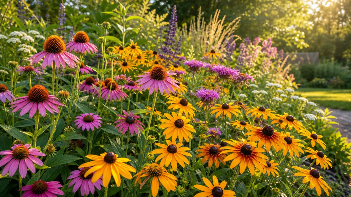 a vibrant midsummer garden border with rudbeckia and echinacea glowing in warm…