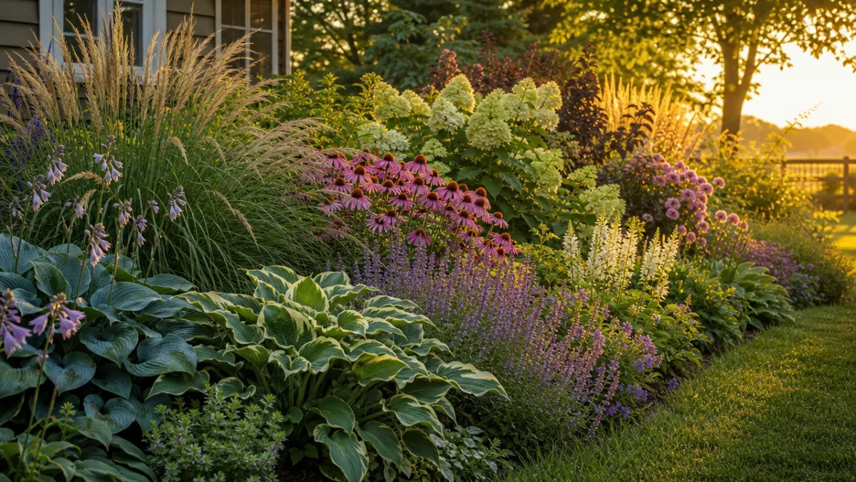 a beautifully layered cottage garden border with hostas, ornamental grasses, and flowering…