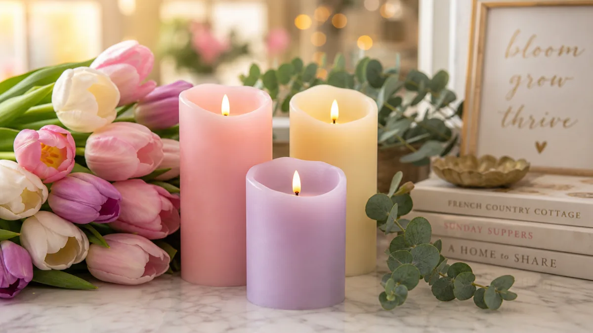 a styled spring vignette featuring pastel LED pillar candles on a marble…