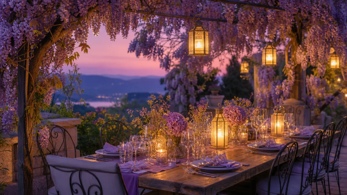 an elegantly set outdoor spring dinner table with LED lanterns glowing at…