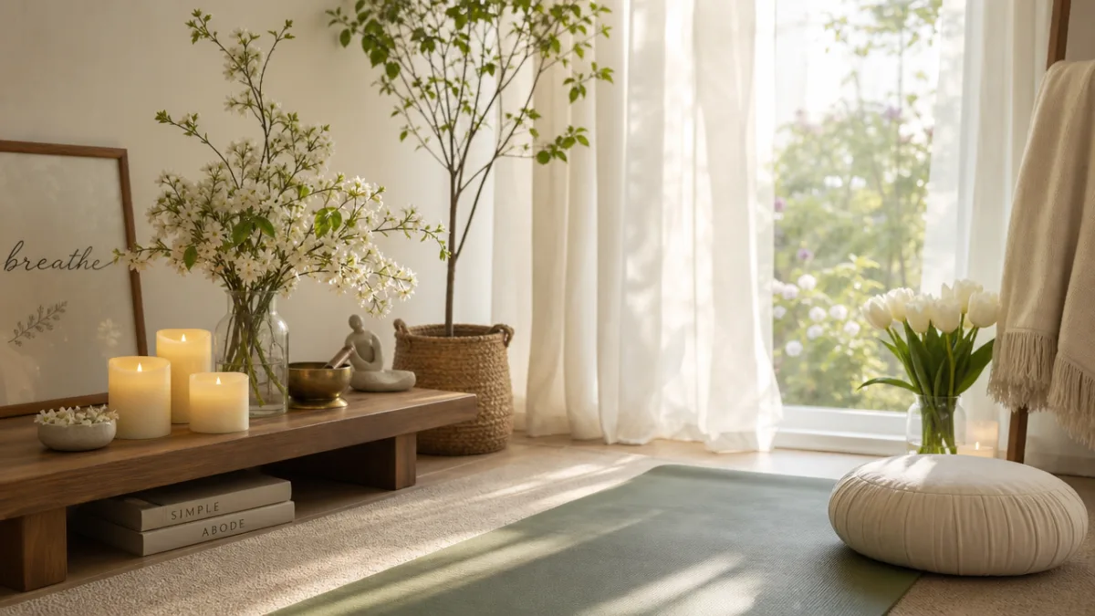 a serene spring meditation corner with LED candles on a low wooden…