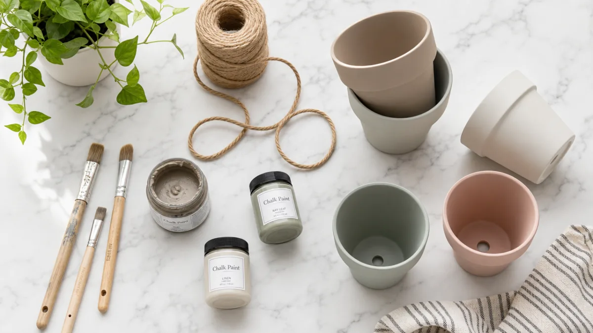 a flat lay of craft supplies including paint brushes, chalk paint, rope,…