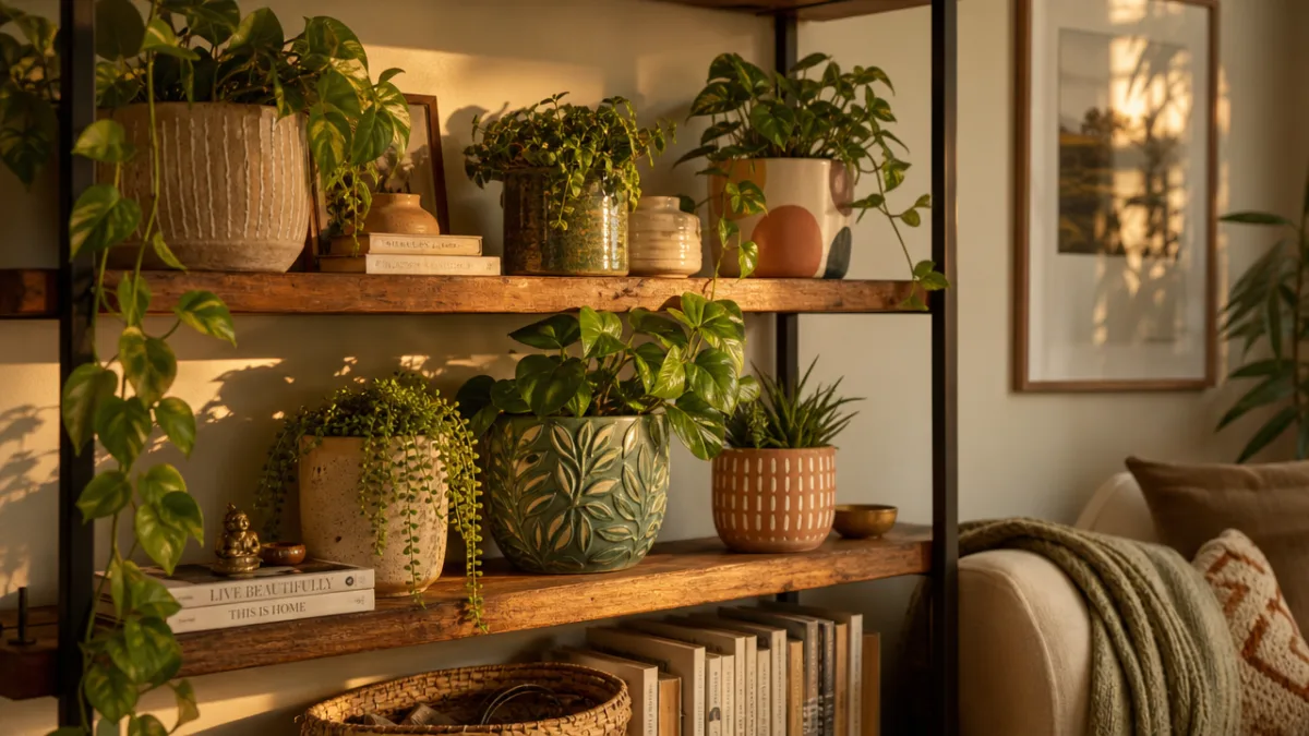 a cozy living room shelf displaying various textured and painted plant pots…