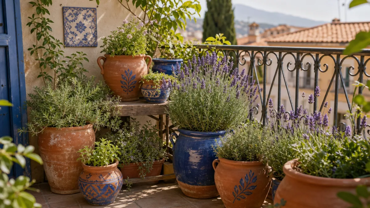 an outdoor balcony with a Mediterranean-inspired terracotta and blue painted pot display…