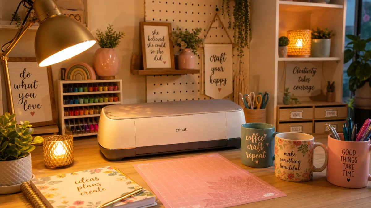 a warm and inviting craft studio desk with Cricut machine, colorful mugs,…