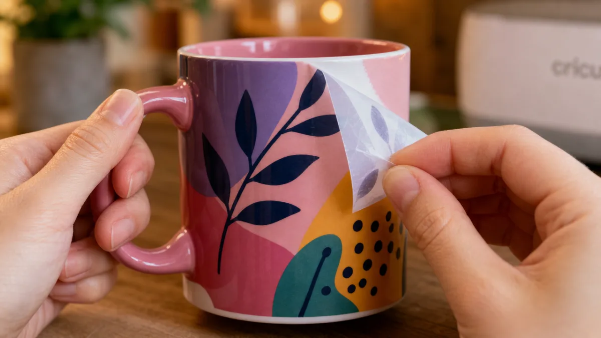 close-up of hands peeling Infusible Ink transfer from a finished colorful ceramic…