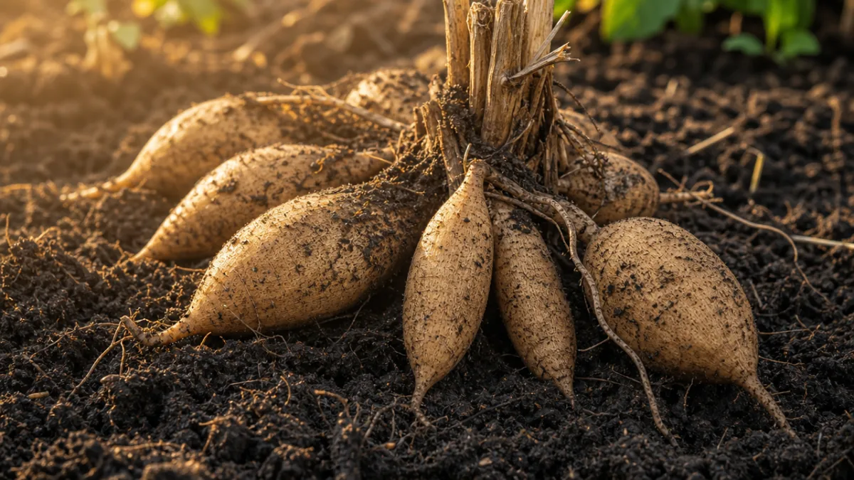 a close-up of healthy dahlia tubers resting in rich dark garden soil,…