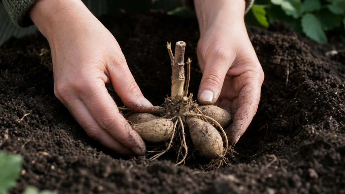 hands gently placing a dahlia tuber into dark garden soil, soft natural…