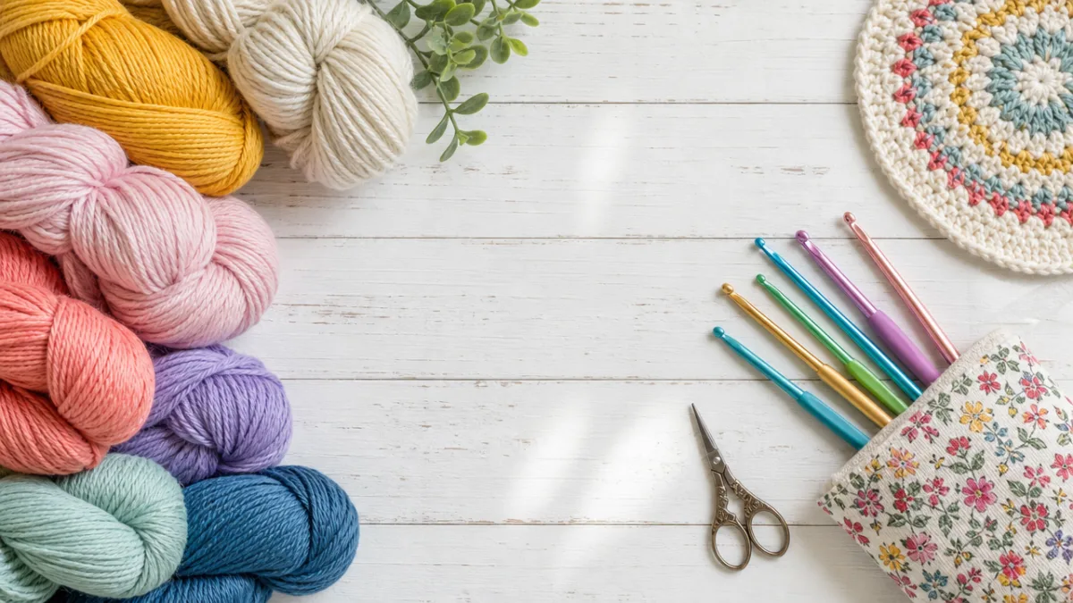 a flat lay of colorful yarn skeins and crochet hooks on a…