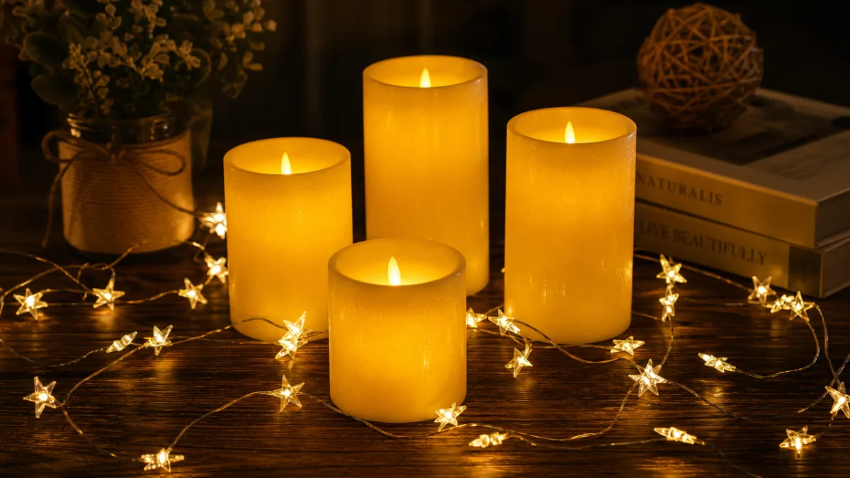 five glowing acrylic pillar candles with star string lights arranged on a…