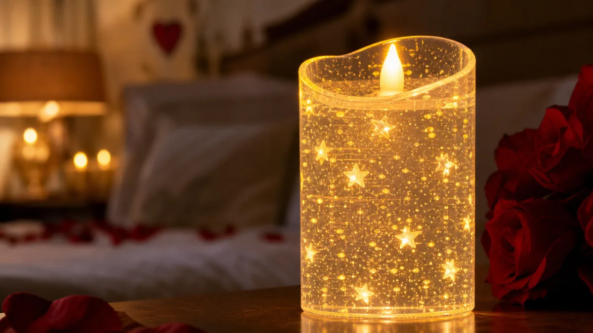 close-up of a flickering acrylic candle with embedded star lights glowing in…