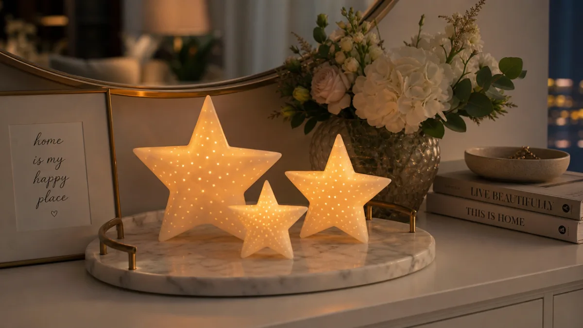a styled home décor vignette with LED star candles on a marble…