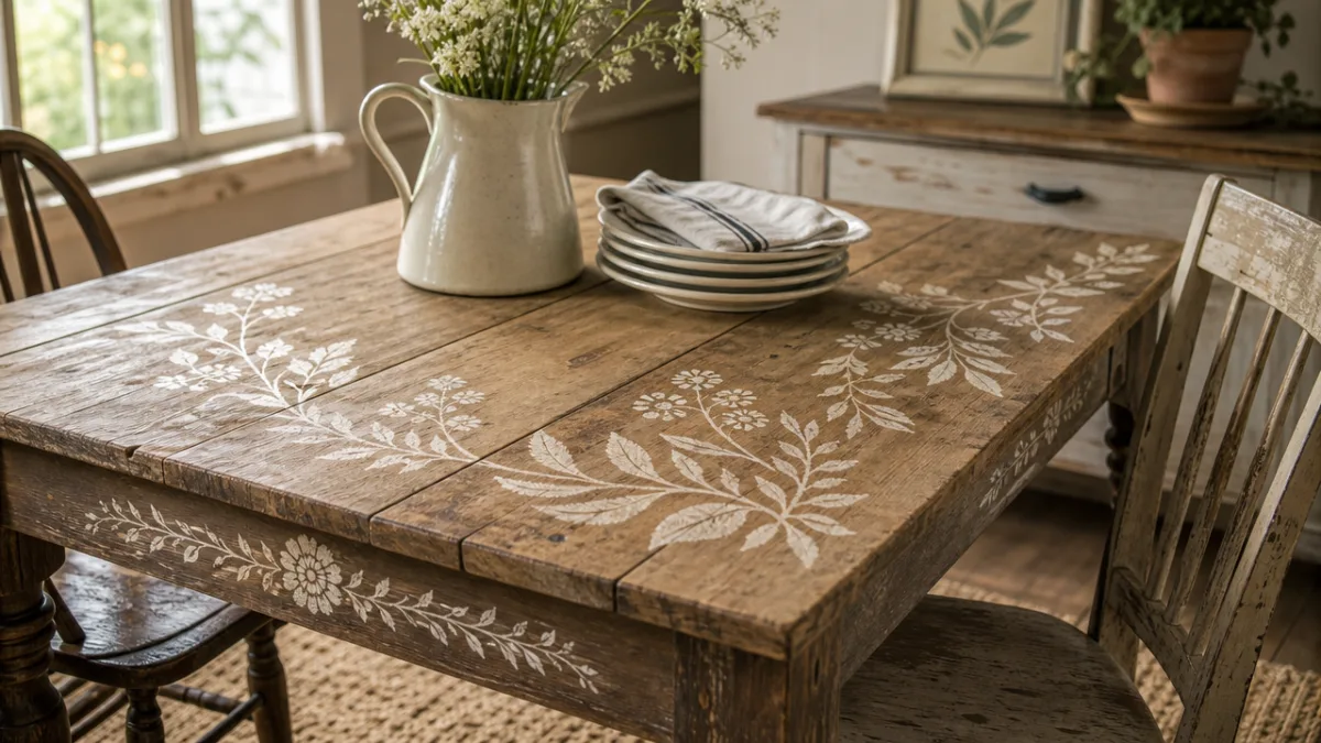 a rustic wooden farmhouse table with hand-painted botanical stencils in soft white…
