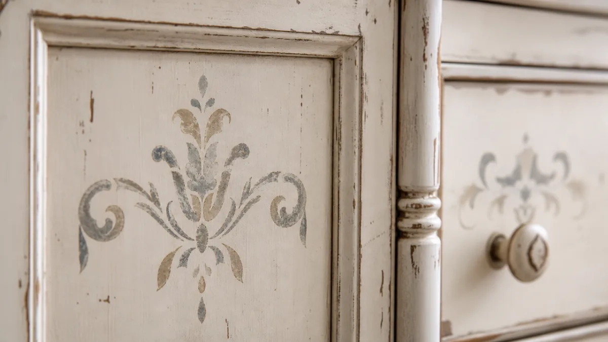 a close-up of hand-painted stencil detailing on a distressed white cabinet, soft…