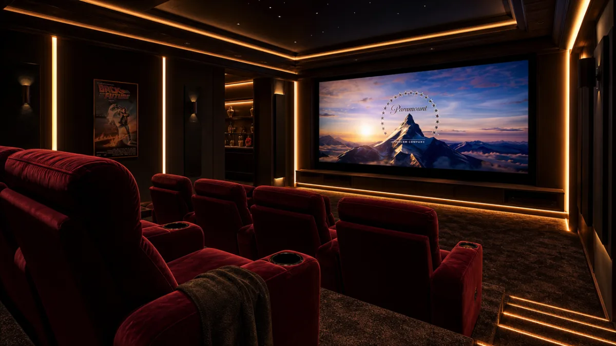 a luxurious home theater room with deep velvet recliners, warm amber LED…