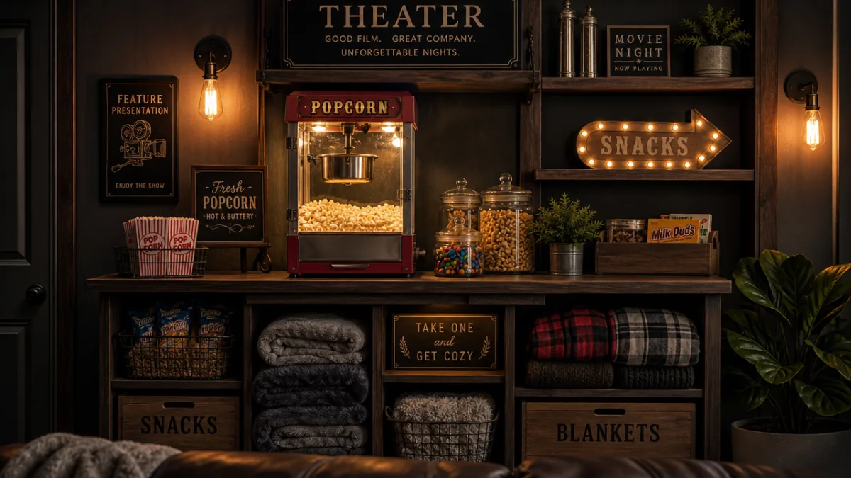 a styled home theater snack station with a popcorn machine, soft blankets,…