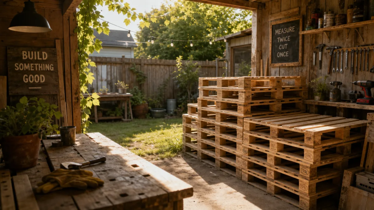 a sunlit backyard workshop scene with raw wooden pallets stacked neatly, warm…