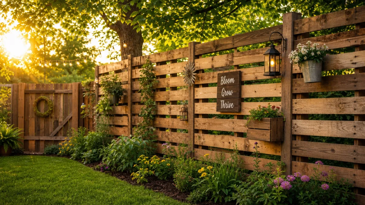 a beautifully finished rustic pallet fence in a lush green backyard garden,…
