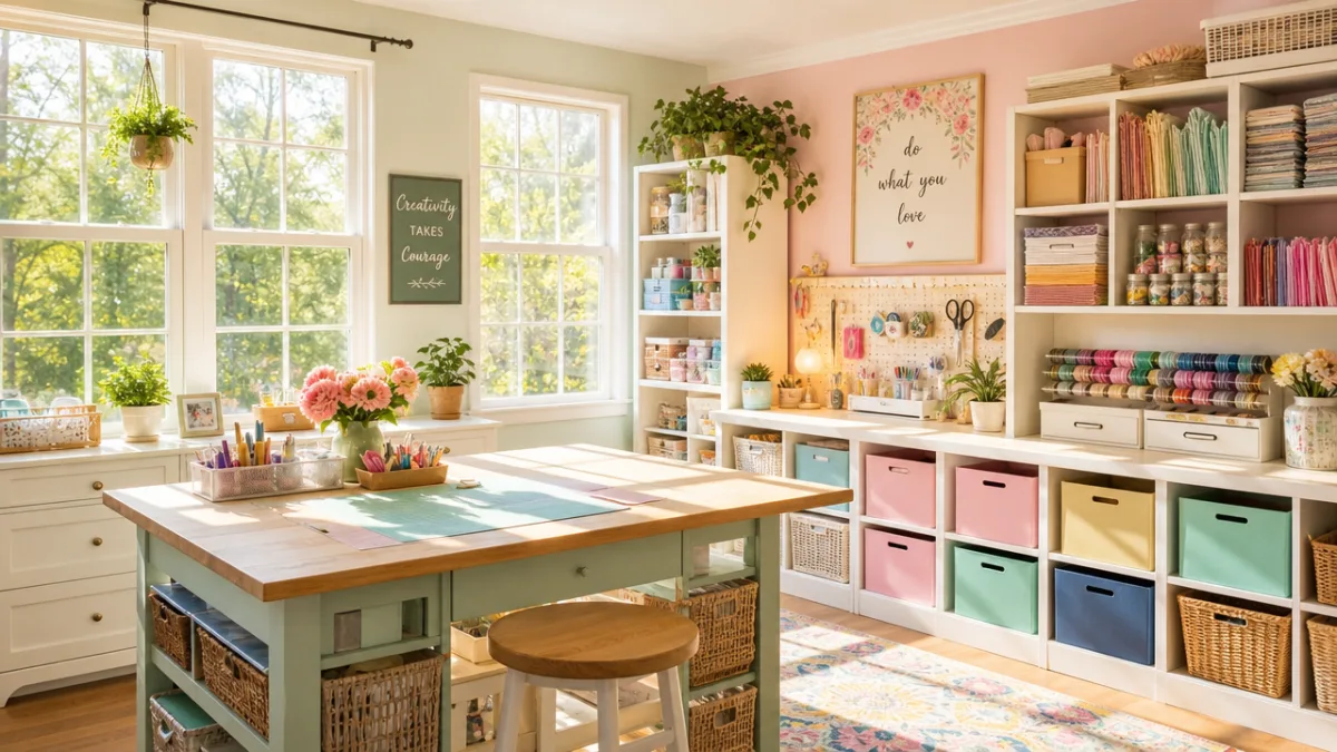 a sun-drenched craft room with pastel-painted walls, organized shelves of colorful supplies,…