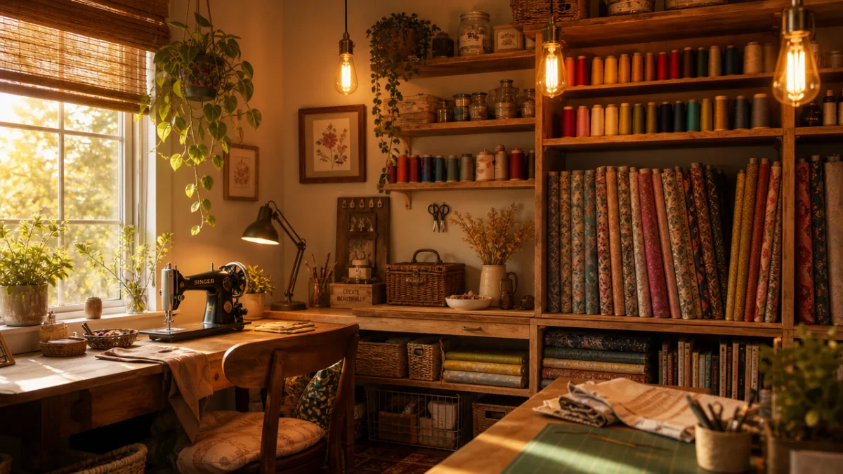 a cozy craft nook with warm Edison bulb lighting, open shelving displaying…