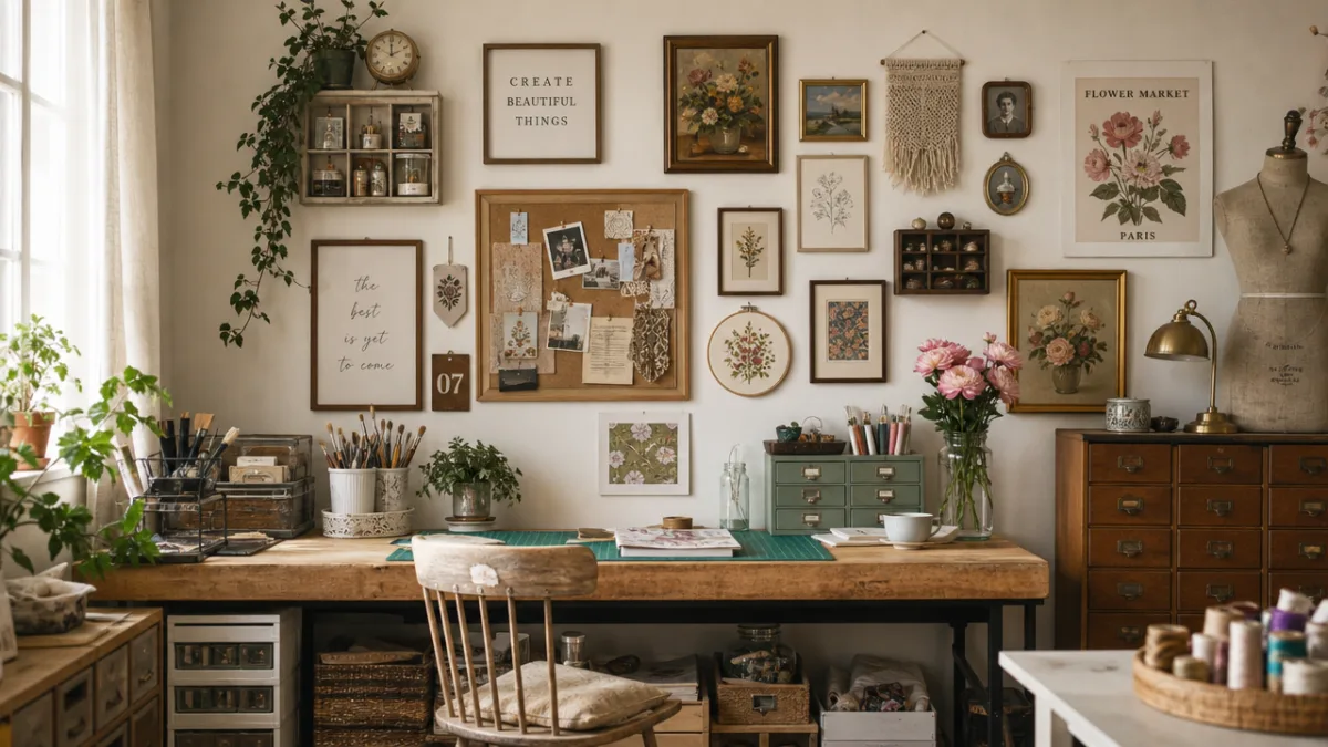 a personalized craft studio wall with a gallery of framed prints, vintage…