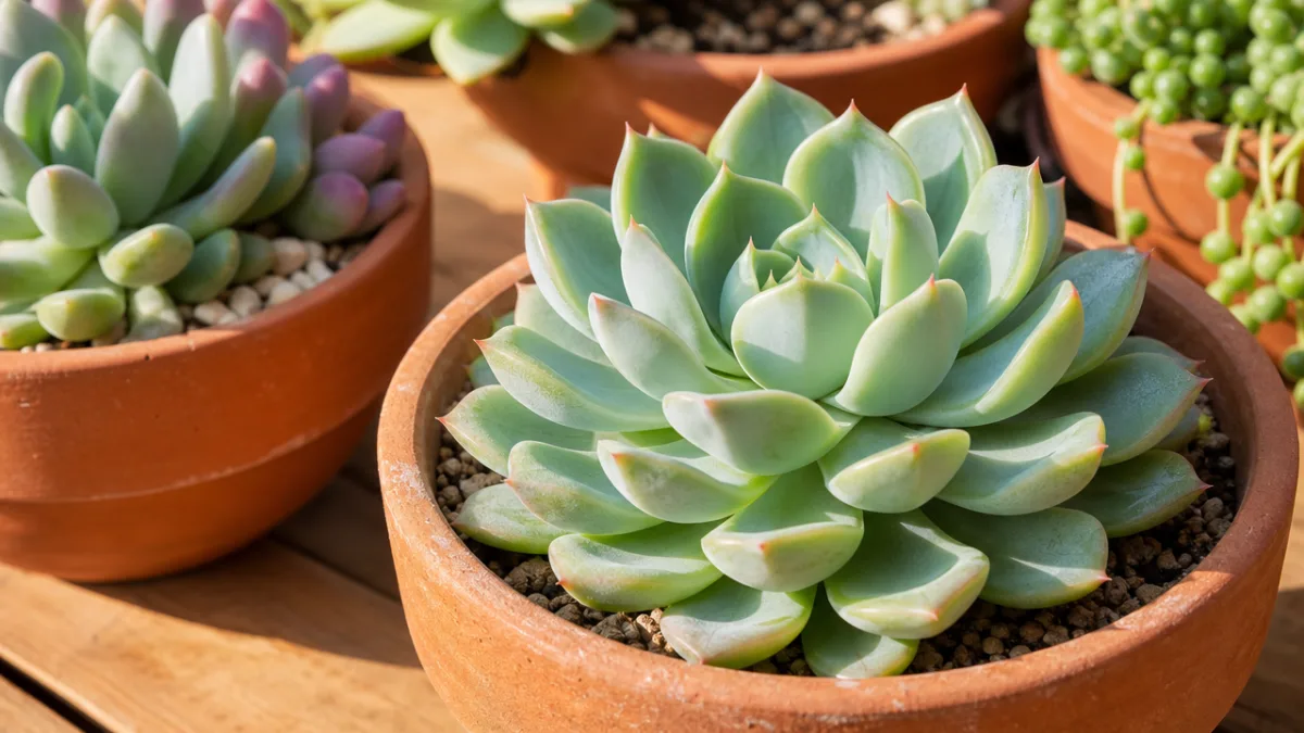a close-up of healthy succulent rosettes in terracotta pots on a wooden…