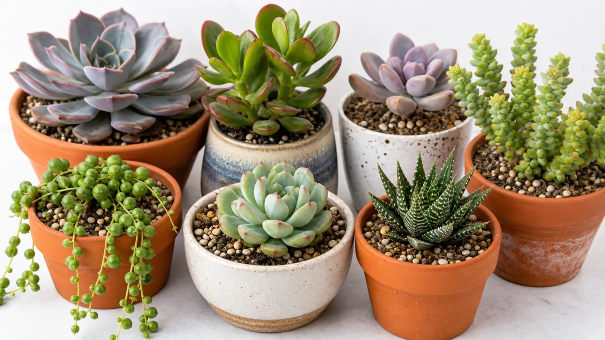 various succulent plants in terracotta and ceramic pots with visible gritty soil,…