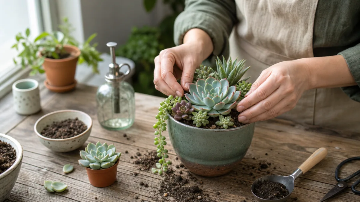 hands carefully repotting a succulent arrangement on a rustic wooden table, soft…