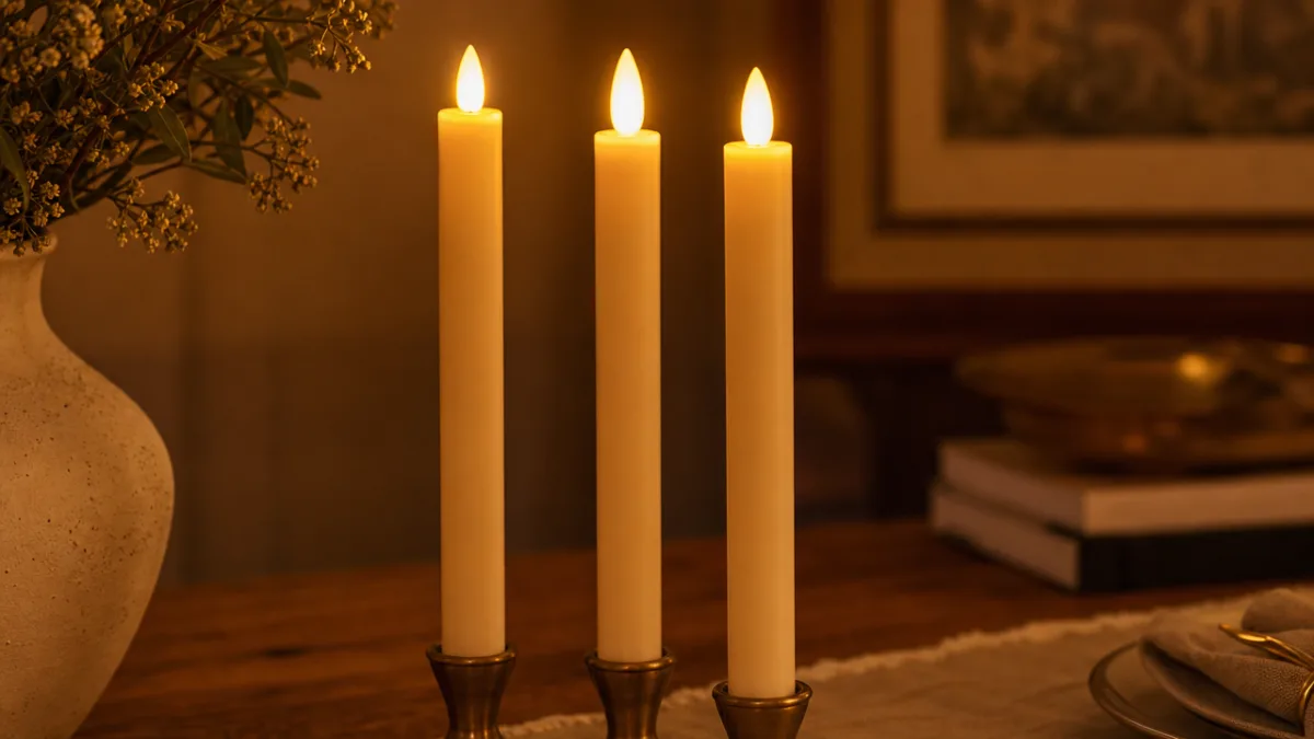 a close-up of elegant beige flameless taper candles glowing warmly on a…