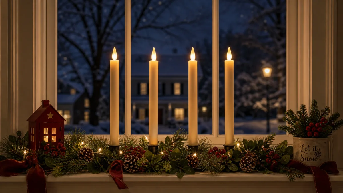 a festively decorated window ledge with four beige flameless taper candles glowing…