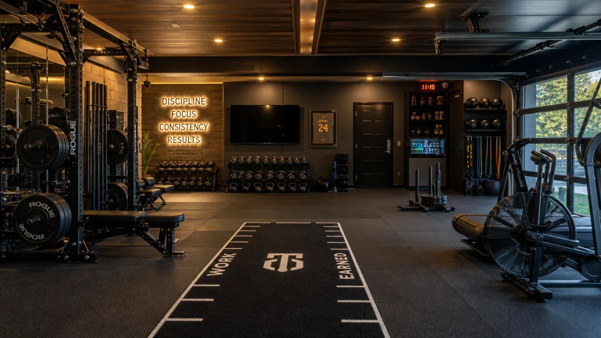a luxury garage gym with rubber flooring, organized zones, and warm overhead…