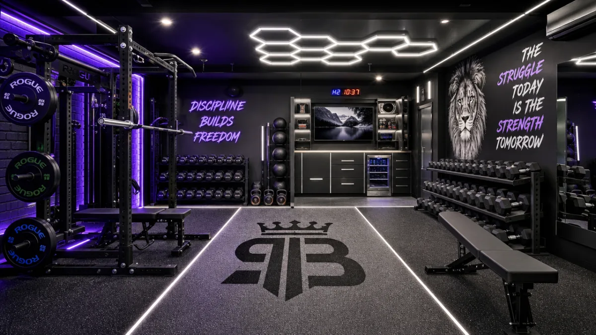a completed luxury garage gym with neon accent lighting, custom flooring, organized…