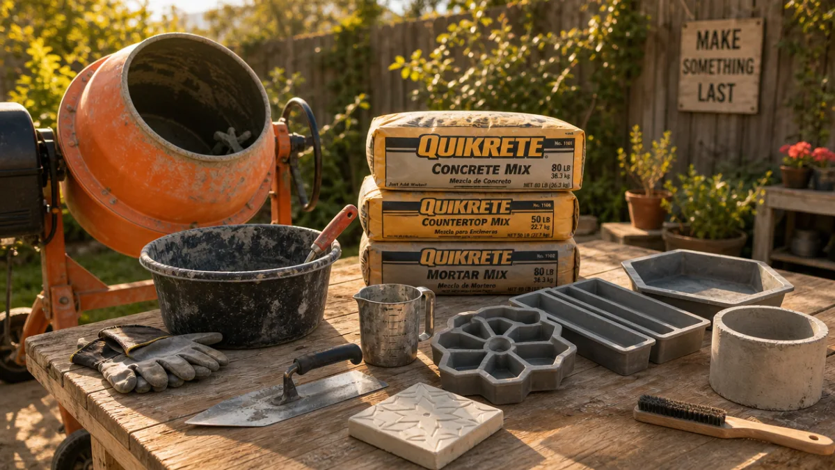 a sunlit outdoor workspace with concrete mixing tools, molds, and bags of…