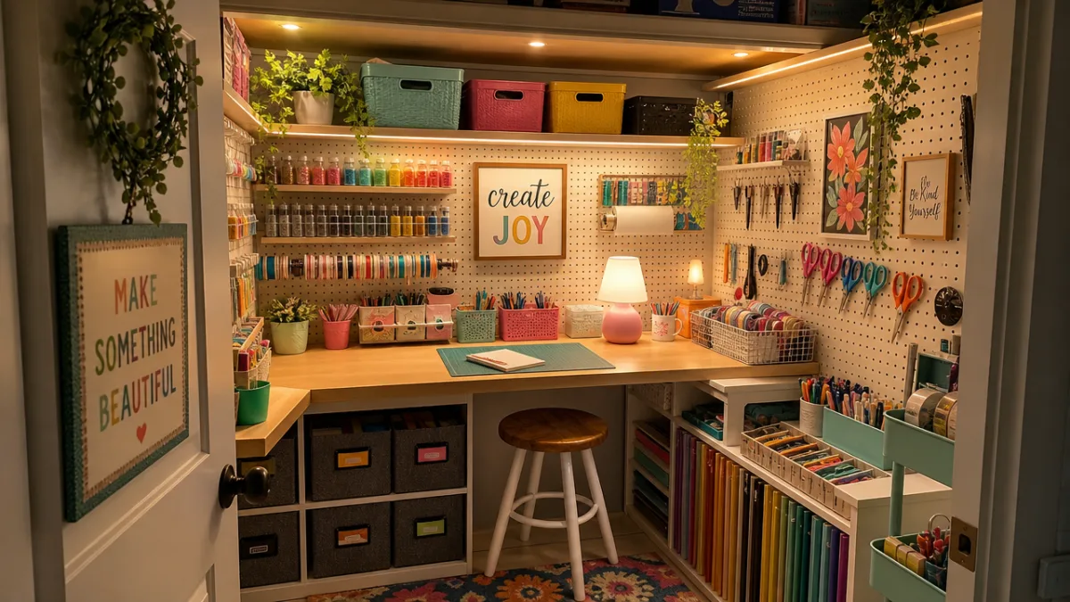 a cozy converted closet craft room with pegboard walls, warm LED lighting,…