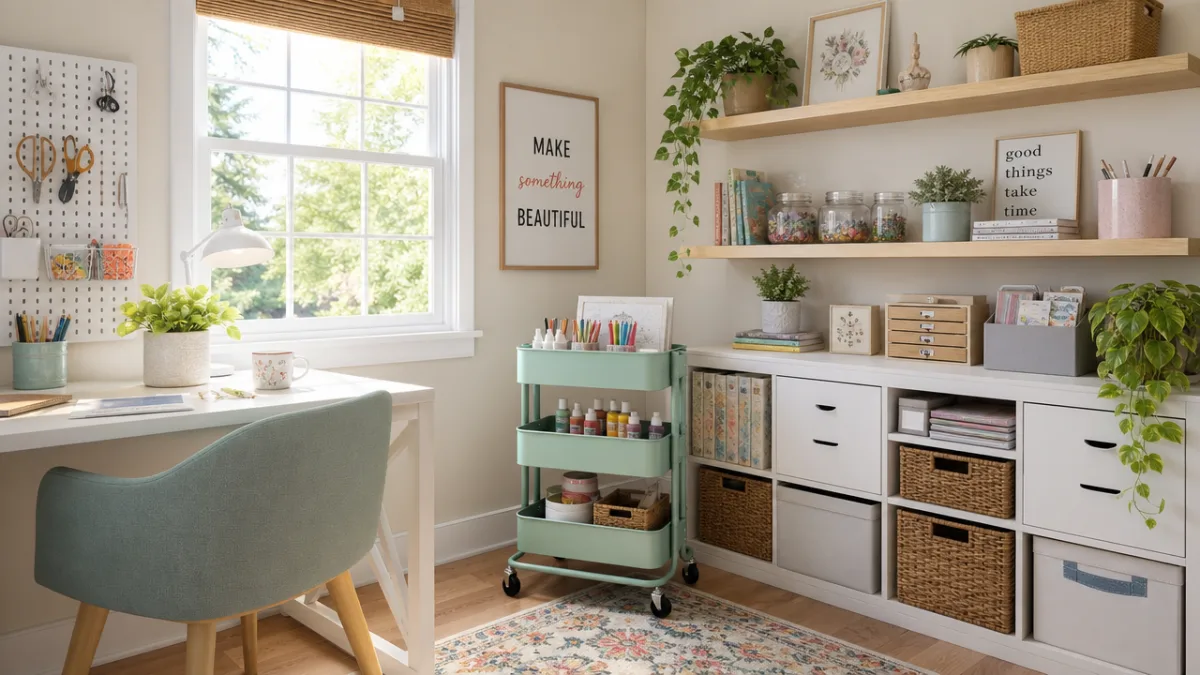 a bright small craft room with a rolling cart, floating shelves, and…