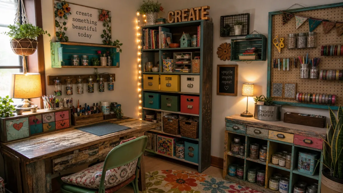 a personalized small craft room with upcycled decor, colorful organized shelves, and…