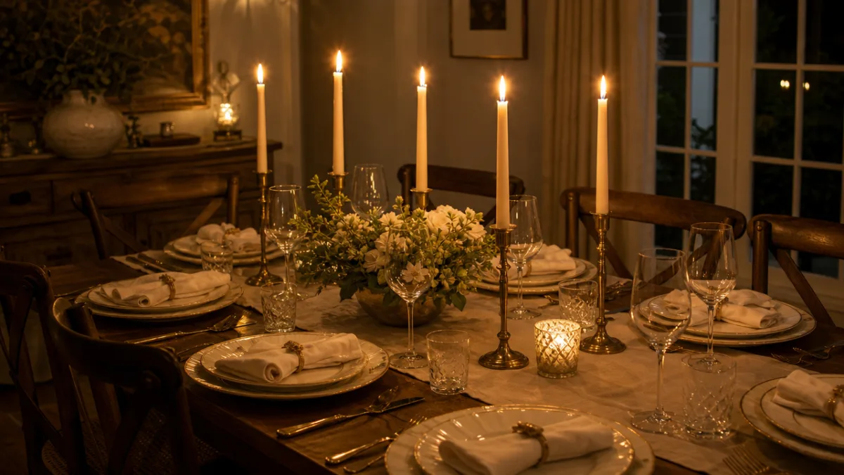 a warm candlelit dining table set for dinner with six glowing taper…