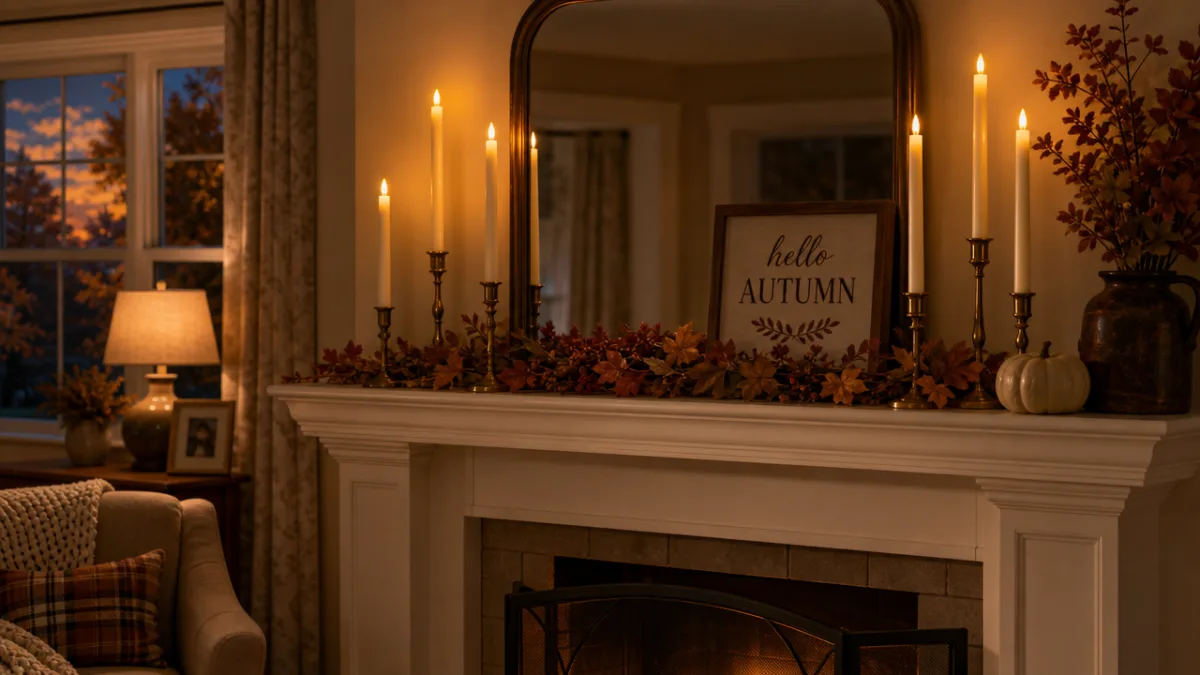 a cozy living room mantelpiece decorated with flameless taper candles glowing warmly,…